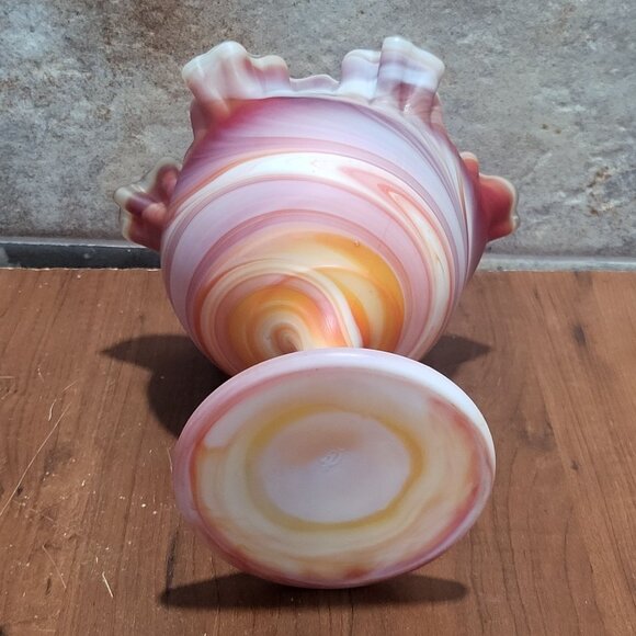 Slag Glass Orange Red Swirl Crimped Candy Trinket Dish - Picture 6 of 11